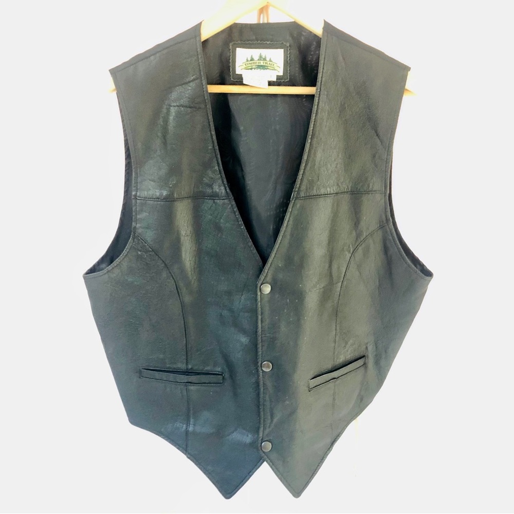 Men’s Black Leather Vest Snap Front by Timber Trail Size Large